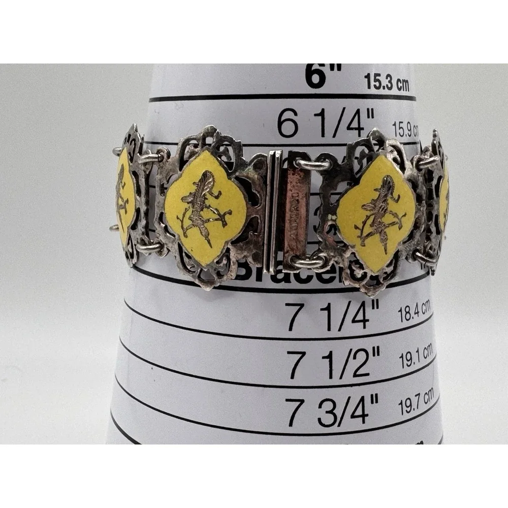 Amfarco Sterling Silver Yellow Enamel Siam Thai Dancer Panel Bracelet 925